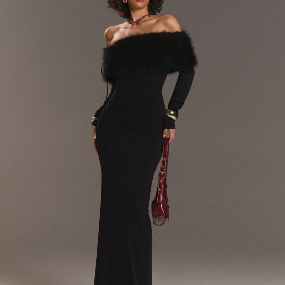 Black Elegant Women's Off Shoulder Patchwork Faux Fur Long Evening Dress - Picture 4 of 7